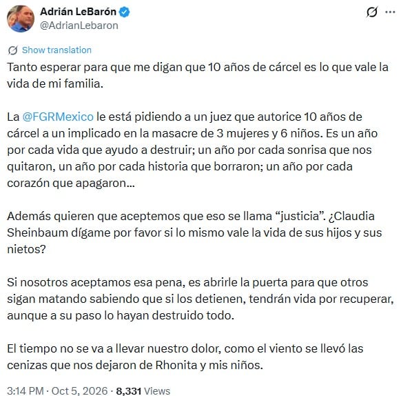 Adrián LeBarón denuncia que FGR pide 10 años para presunto implicado en masacre de su familia