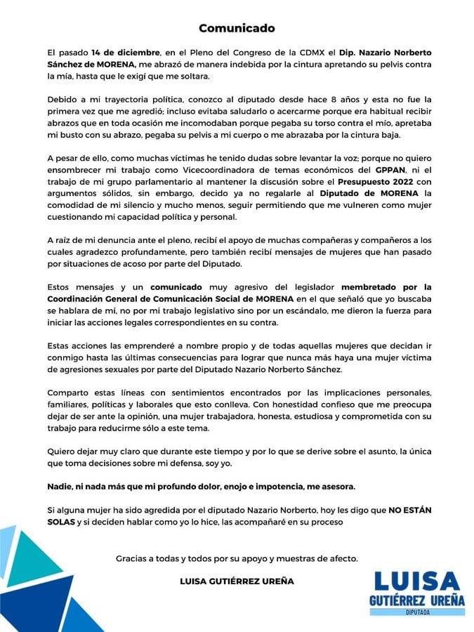 Comunicado de Luisa Gutierréz Ureña, diputada del PAN del Congreso de la CDMX