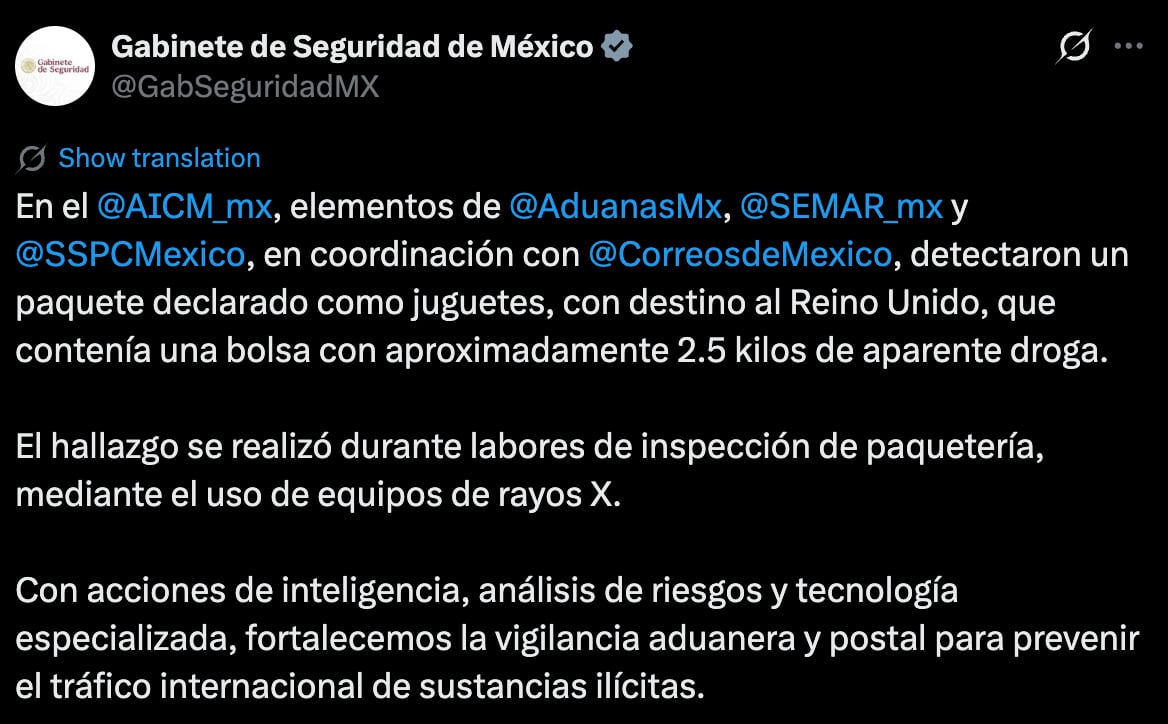 AICM detecta más de 2 kilos de aparente droga en envío al Reino Unido