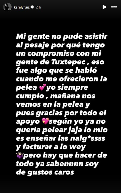 Karely Ruiz aclaró la razón por la que no llegó a la ceremonia de pesaje