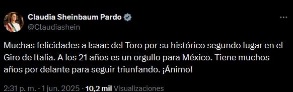 Claudia Sheinbaum felicita a Isaac del Toro