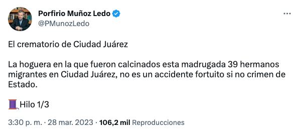 Porfirio Muñoz Ledo acusa crimen de Estado en incendio en Ciudad Juárez