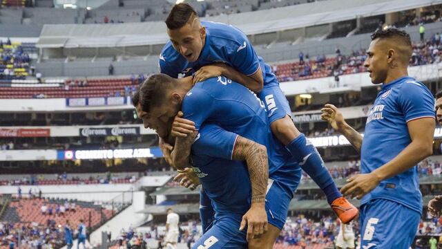 Cruz Azul festeja gol contra Pumas.