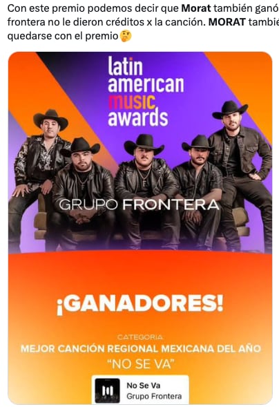 Memes funan a Grupo Frontera por no dar créditos a Morat al ganar en los Latin American Awards