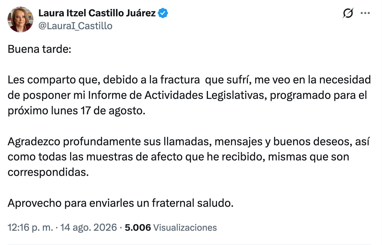 Laura Itzel Castillo pospone su informe legislativo tras fractura de tobillo