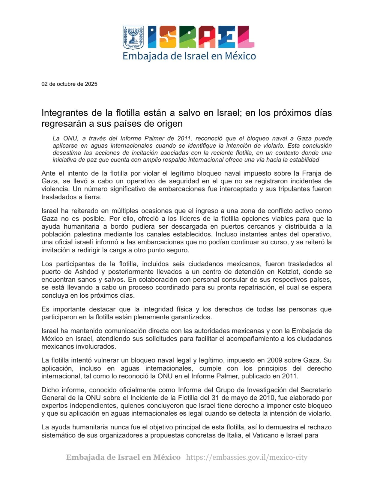 Embajada de Israel en México afirma que los mexicanos de la Flotilla Global Sumud están a salvo
