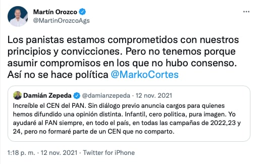 tuit de confrontación entre Martín Orozco y Marko Cortés/captura de pantalla de Twitter