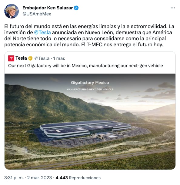 Ken Salazar afirma que gracia al T-MEC, Tesla llega a Santa Catarina