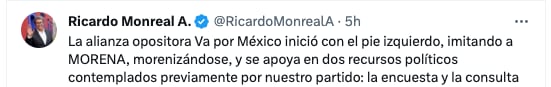 Ricardo Monreal tacha de copiones a Va por México