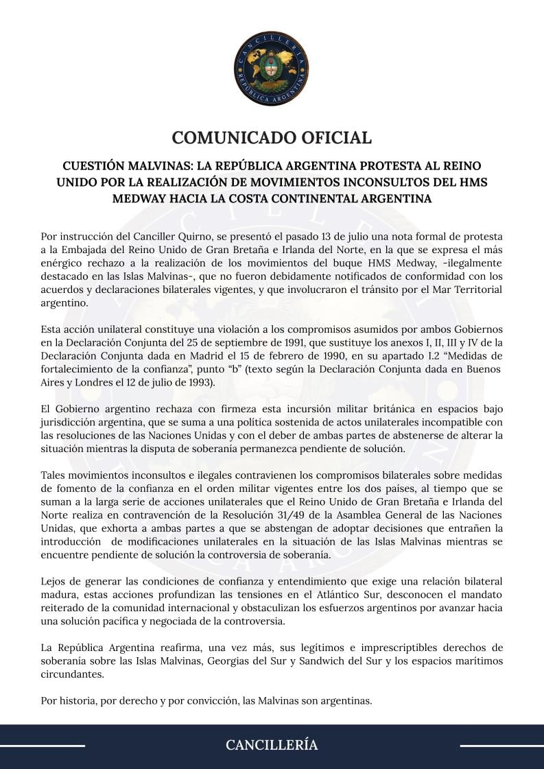 Argentina acusa violación a los acuerdos bilaterales por presencia de buque británico HMS Medway