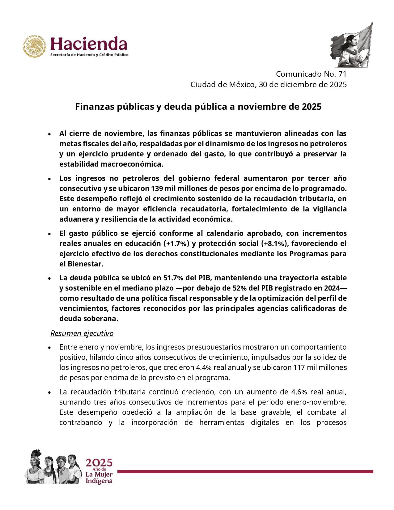 Hacienda reporta estado de las finanzas y la deuda pública al cierre de 2025