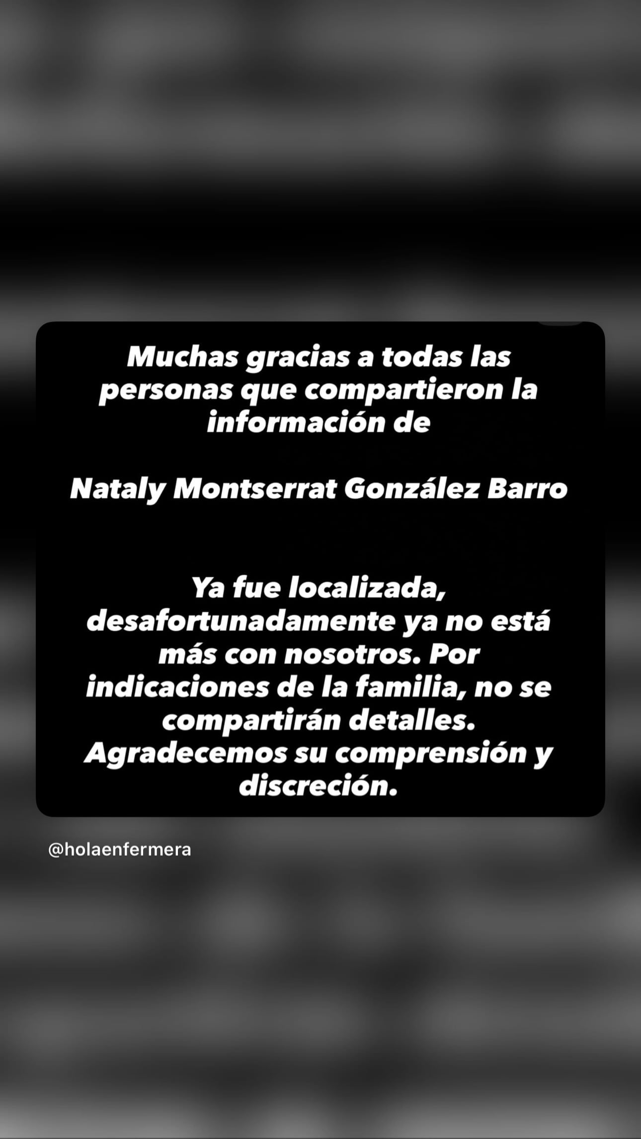 Itzel Barro, Hola enfermera comparte que su familiar fue encontrada sin vida.