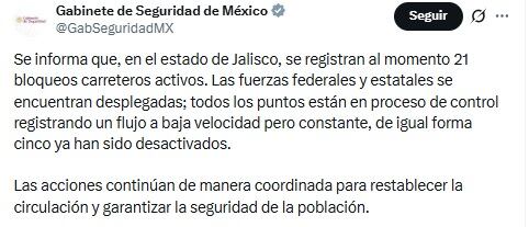 Bloqueos en Jalisco por muerte de El Mencho, líder del CJNG.