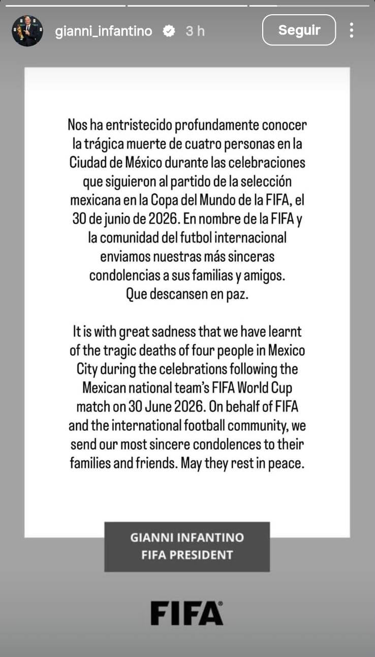 Mensaje de Infantino sobre las muertes ocurridas durante festejos