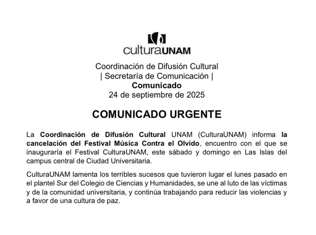 Cancelan Festival Música contra el Olvido