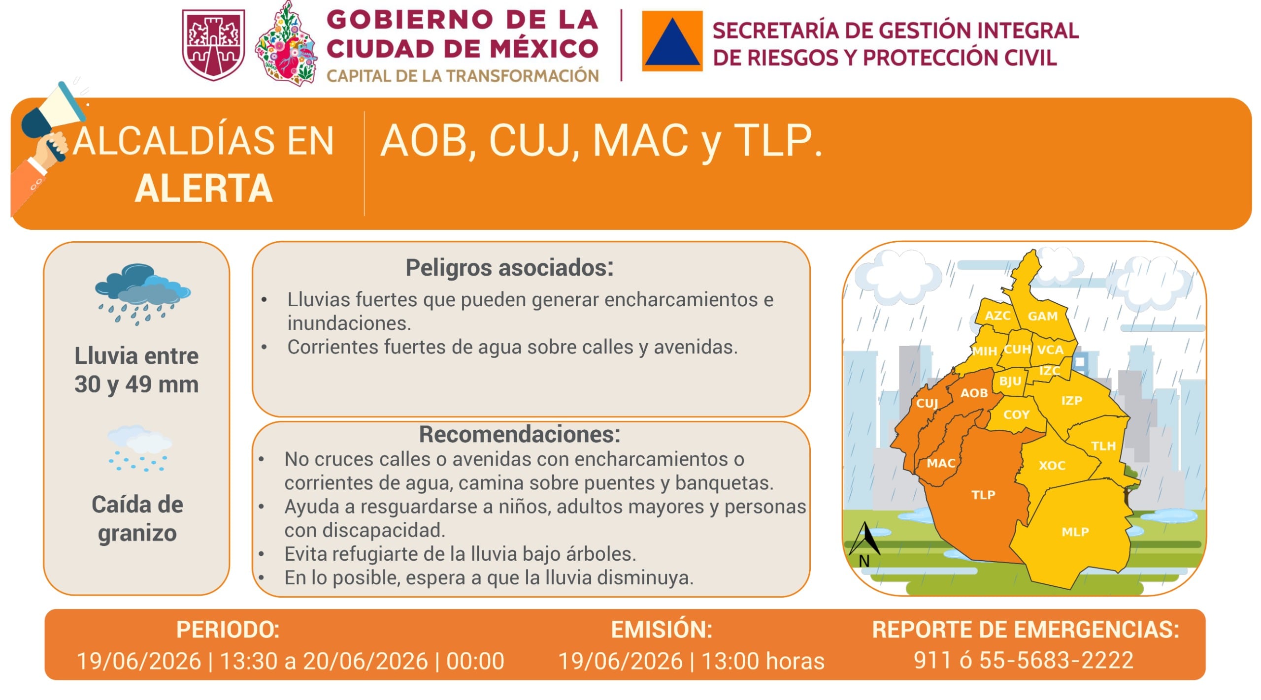 Alerta naranja en CDMX: 4 alcaldías esperan lluvias fuertes y granizo esta tarde