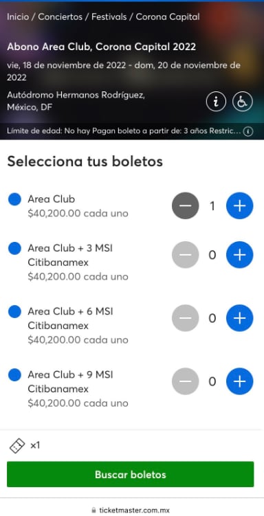 El abono Area Club tiene un consto de más de 40 mil pesos