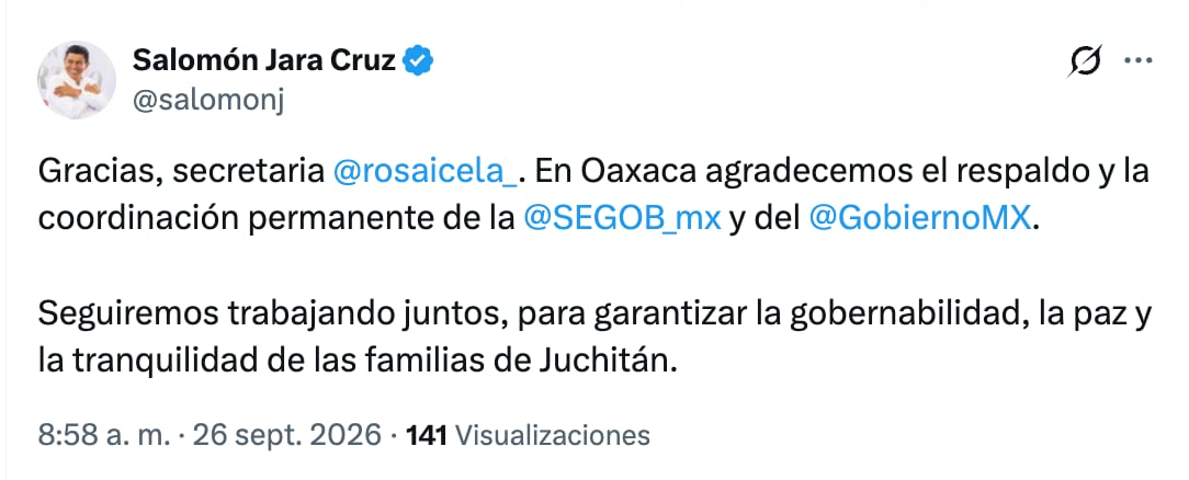 Salomón Jara agradece respaldo de Segob
