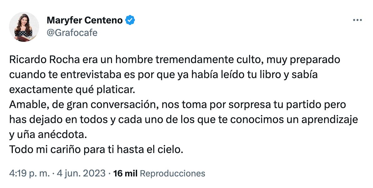 Maryfer Centeno describe a Ricardo Rocha tras su muerte