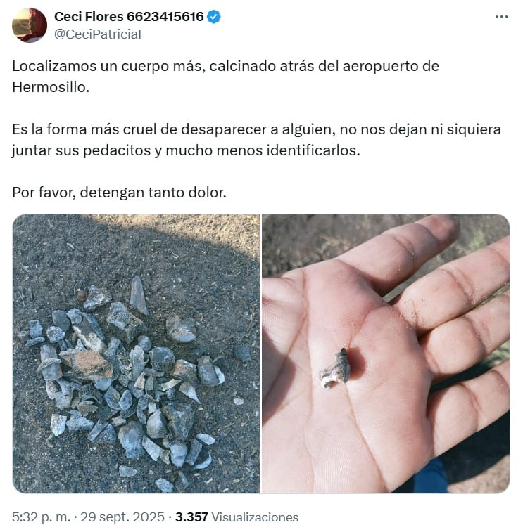Ceci Flores revela descubrimiento de restos humanos calcinados en Hermosillo