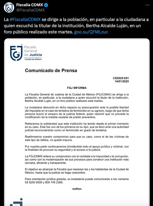 FGJ CDMX se pronuncia por acusaciones de activista trans que encaró a Bertha Alcalde Luján