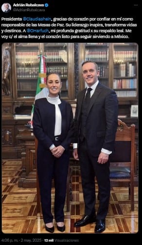 Adrián Rubalcava agradece a Claudia Sheinbaum y anuncia retiro de las Mesas de Paz.