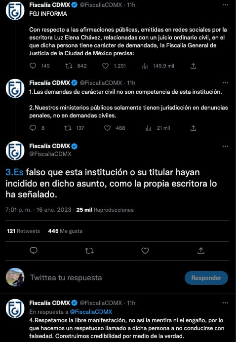 Fiscalía CDMX responde a Elena Chávez
