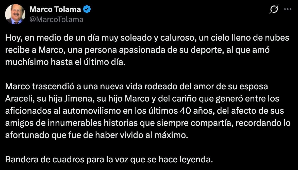 Muere Marco Tolama, histórico periodista mexicano de automovilismo.