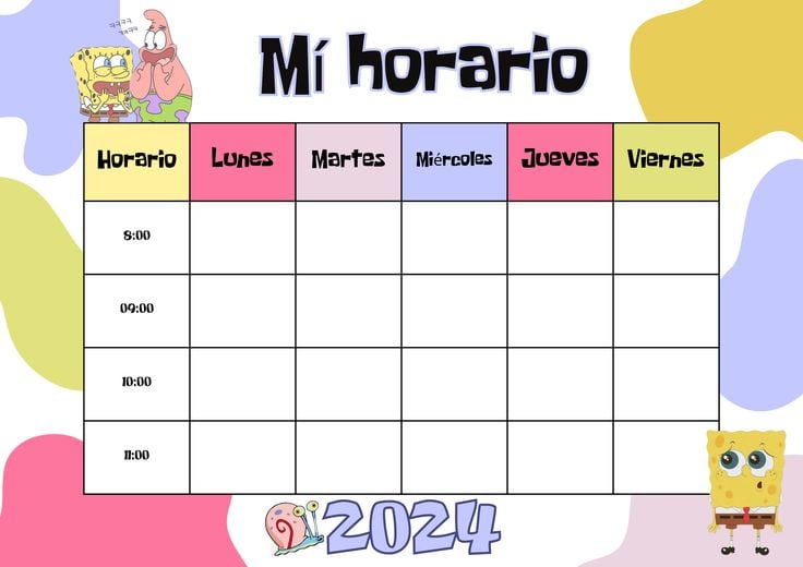 Horario escolar de Bob Esponja para imprimir