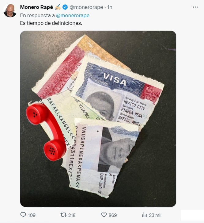 Monero Rapé pide que le cancelen la visa de Estados Unidos en respuesta a Christopher Landau