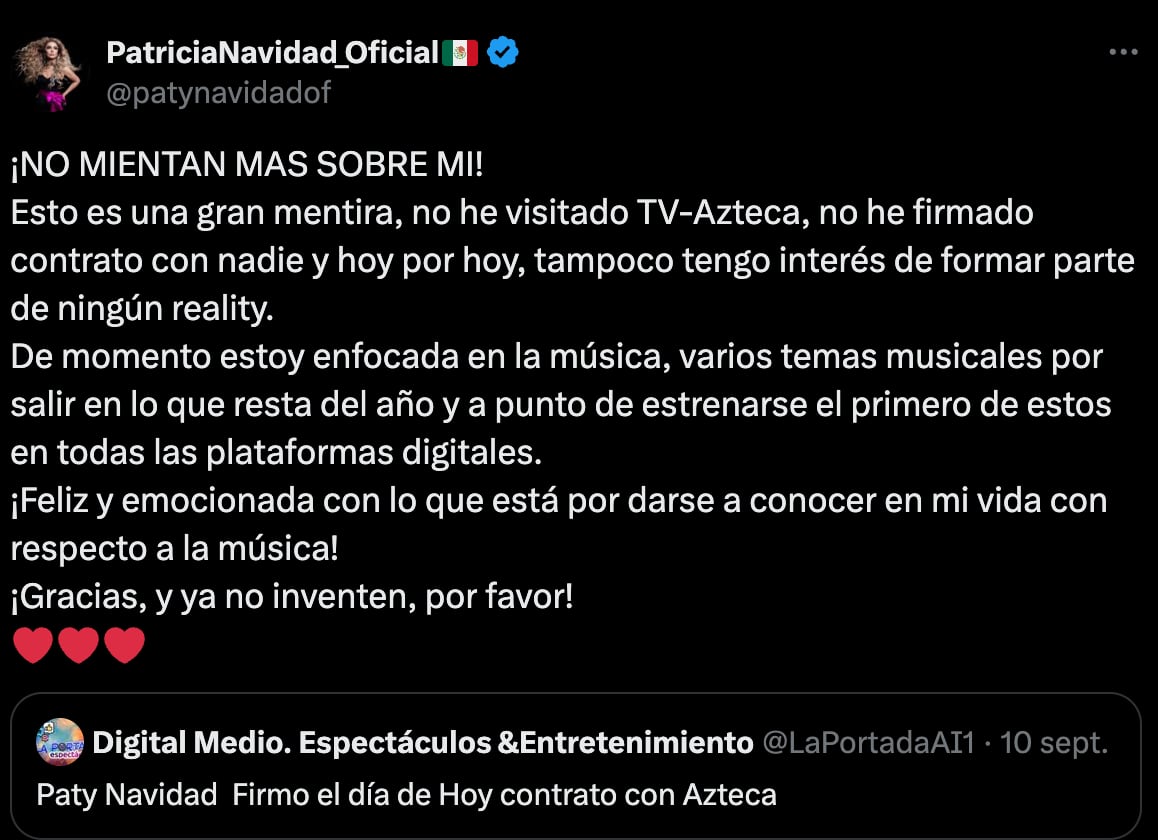 Paty Navidad desmiente rumores de trabajar en TV Azteca