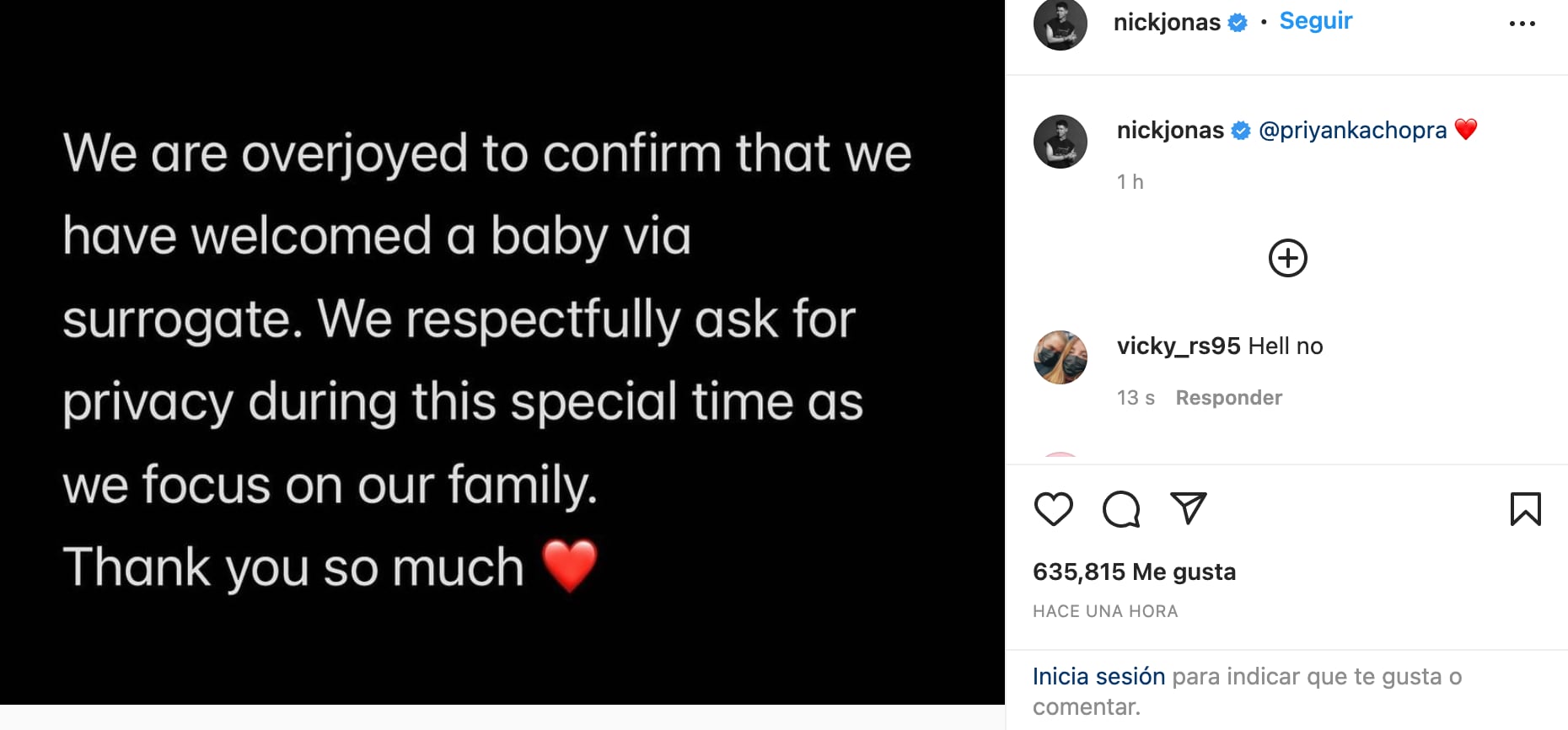 Nick Jonas y Priyanka Chopra anuncian que ya son padres