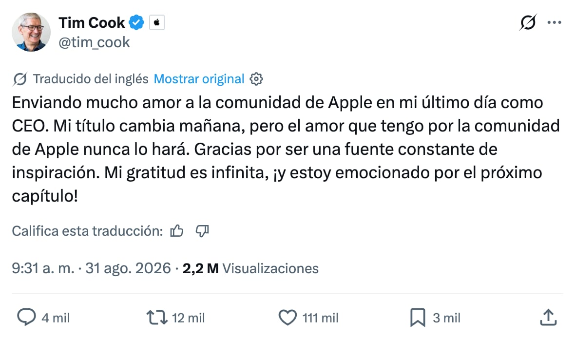 Tim Cook anuncia su salida de CEO de Apple a través de un mensaje en X