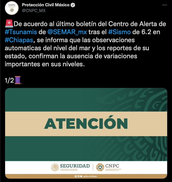 Protección civil descarta Tsunami por sismo hoy en Chiapas