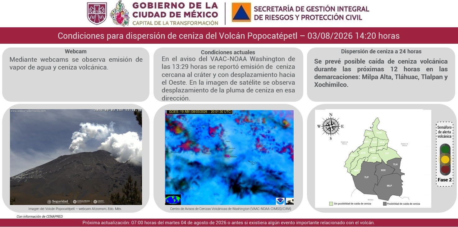 Alerta por el Popocatépetl: prevén caída de ceniza en 4 alcaldías de CDMX