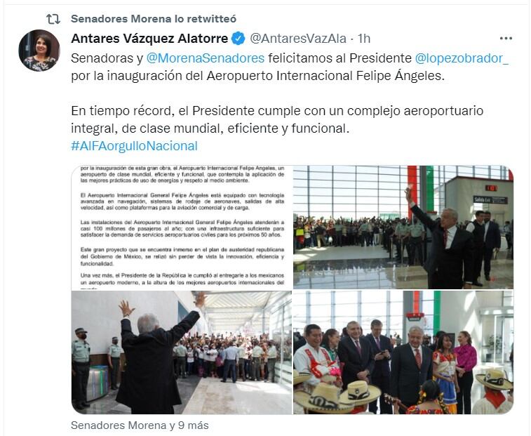 Tuit de la senadora Antares Vázquez