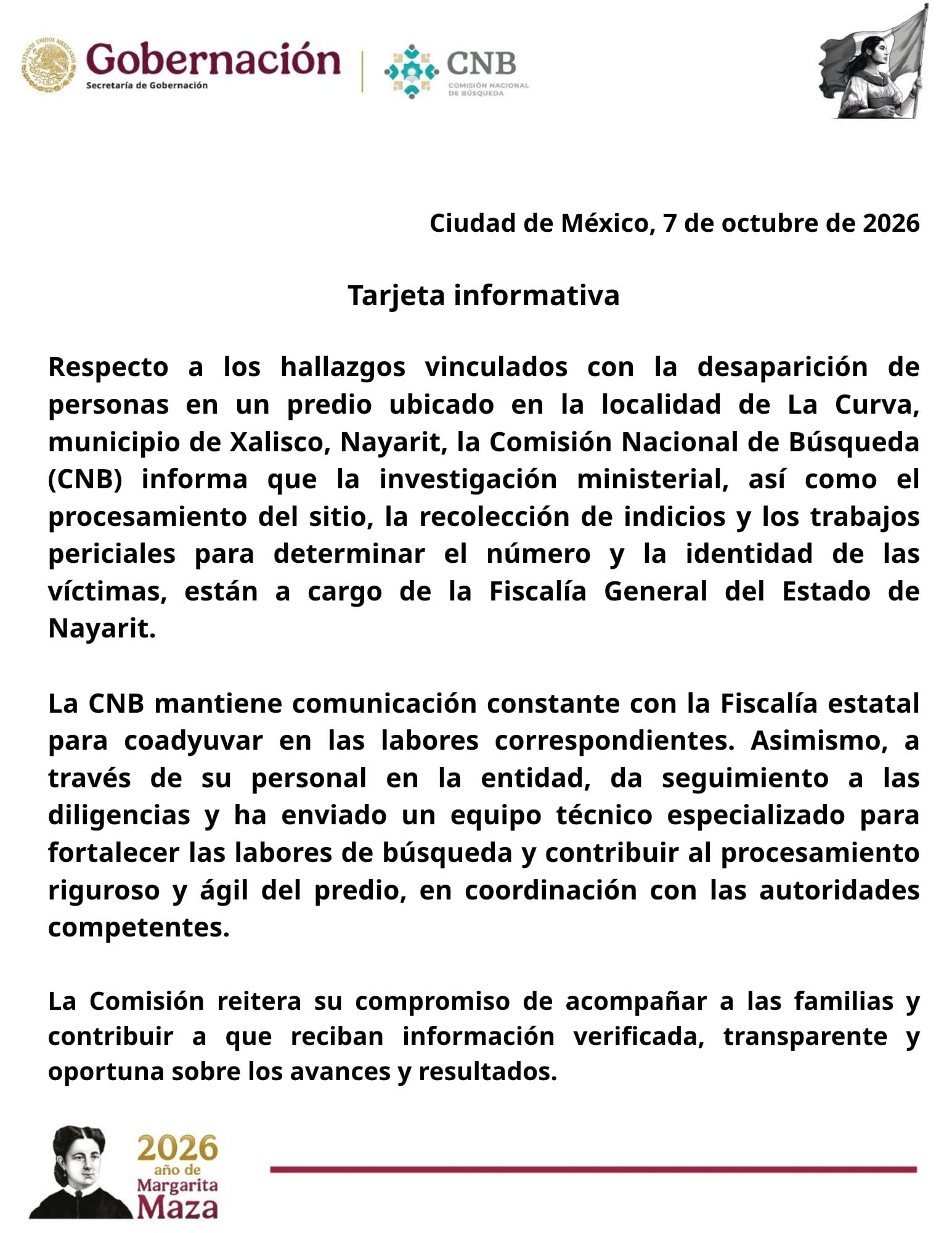 CNB apoya investigación de fosa clandestina en Xalisco, Nayarit