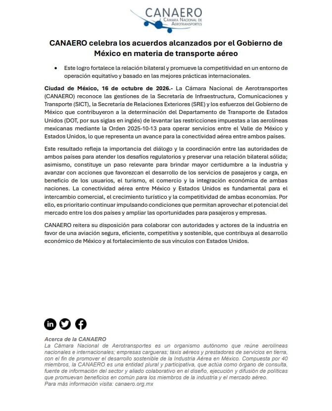 Canaero celebra nuevos acuerdos entre México y Estados Unidos para el sector aéreo