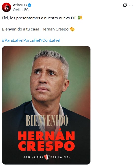 Atlas hace oficial a Hernán Crespo como su nuevo director técnico.