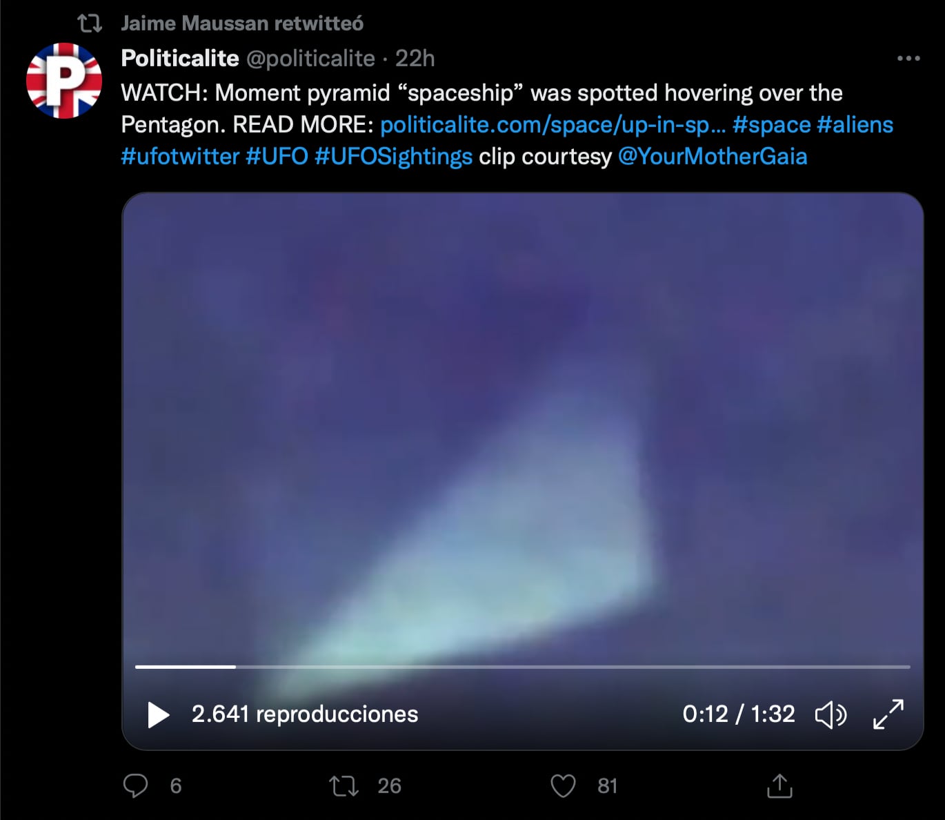 A Jaime Maussan no le bastó con imagen real de OVNI, ahora muestra video de OVNI pirámide