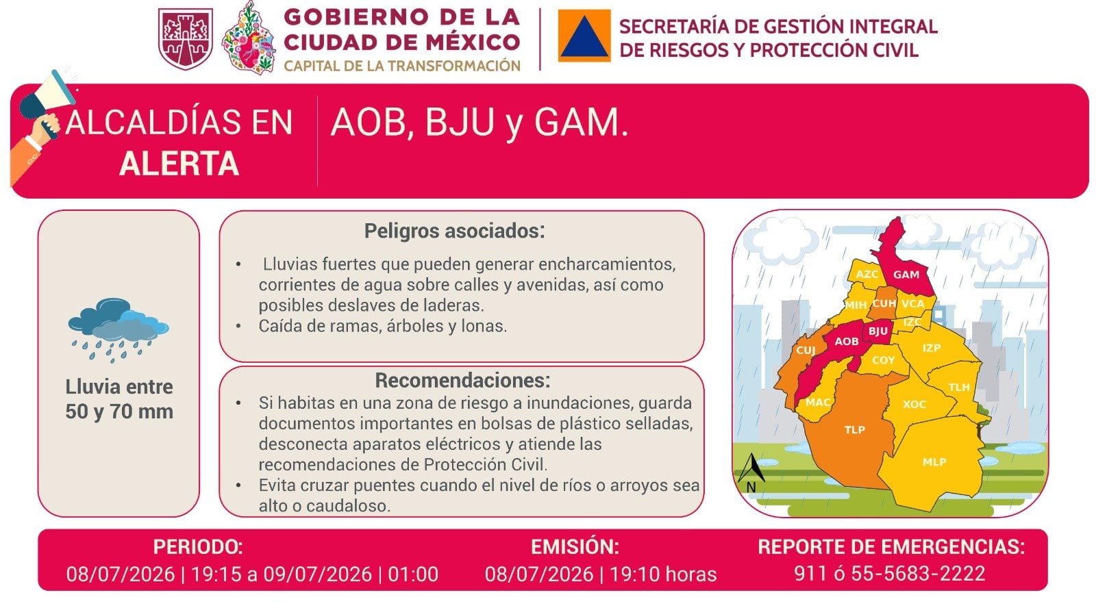 Alerta roja en CDMX por lluvias intensas la noche de hoy miércoles 8 de julio