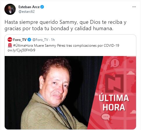 Esteban Arce da condolencias sobre la muerte de Sammy Pérez.