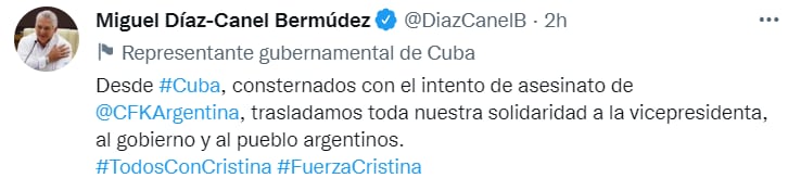 Miguel Díaz-Canel se pronuncia por atentado contra Cristina Fernández de Kirchner