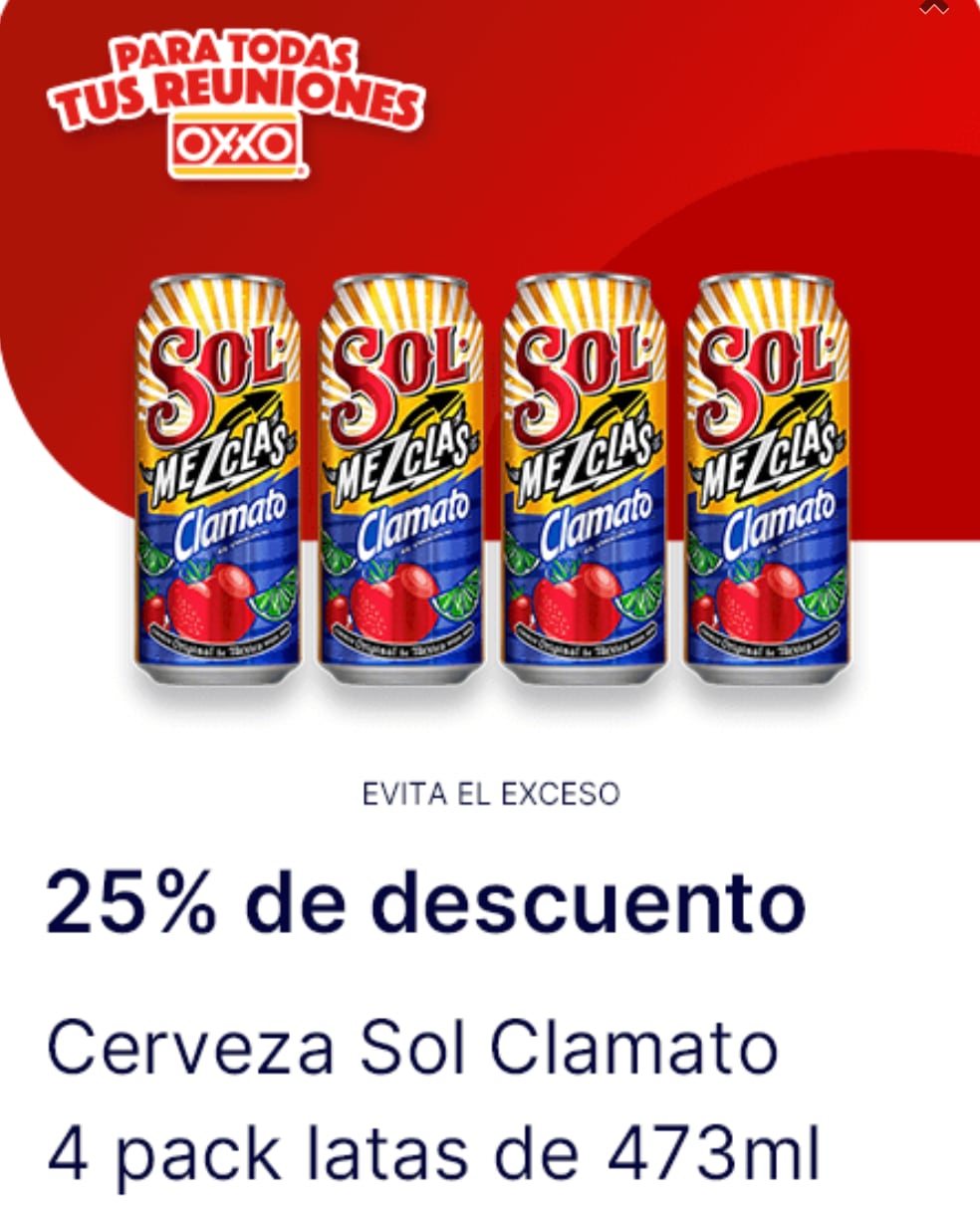Cupón 25% de descuento en Cerveza Sol Clamato 4 pack latas en Oxxo