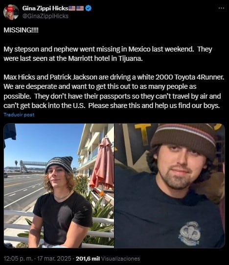 Max Hicks y Patrick Jackson, jóvenes de Estados Unidos, estarían desaparecidos en México.