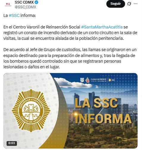 SSC informa que el Cereso de Santa Martha Acatitla tuvo un conato de incendio.