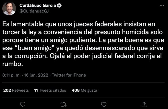 Cuitláhuac García lamentó la orden para liberar a José Manuel del Río Virgen