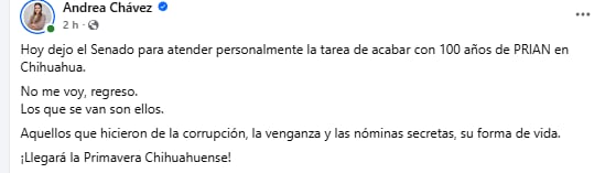 Licencia de Andrea Chávez agita la carrera por Chihuahua 2027