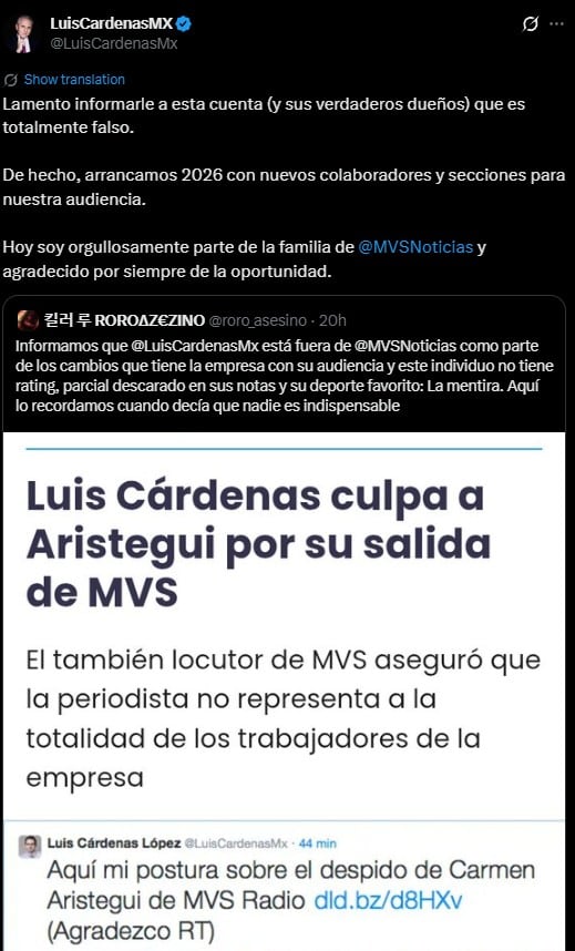 Luis Cárdenas aclara su futuro en MVS tras la salida de López San Martín