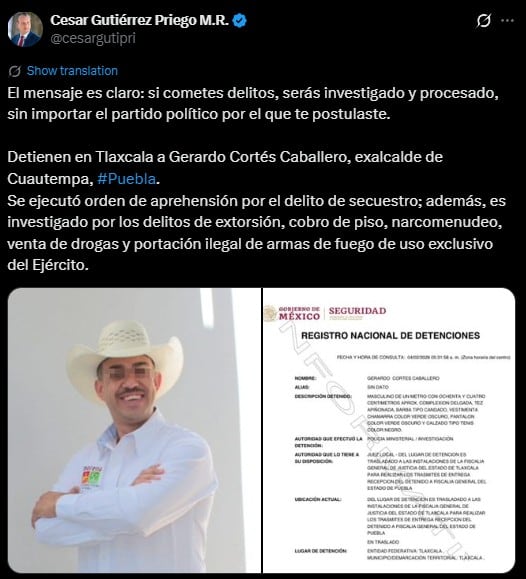 Cae exalcalde de Cuautempan prófugo por delincuencia organizada